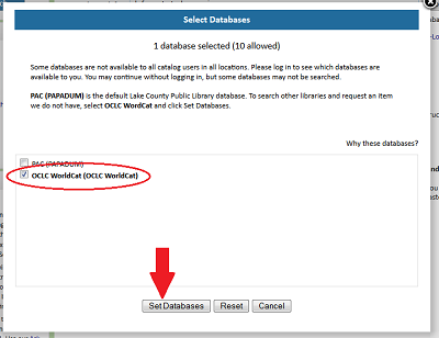 The OCLC option is the second box. The set database button is at the bottom of the window.