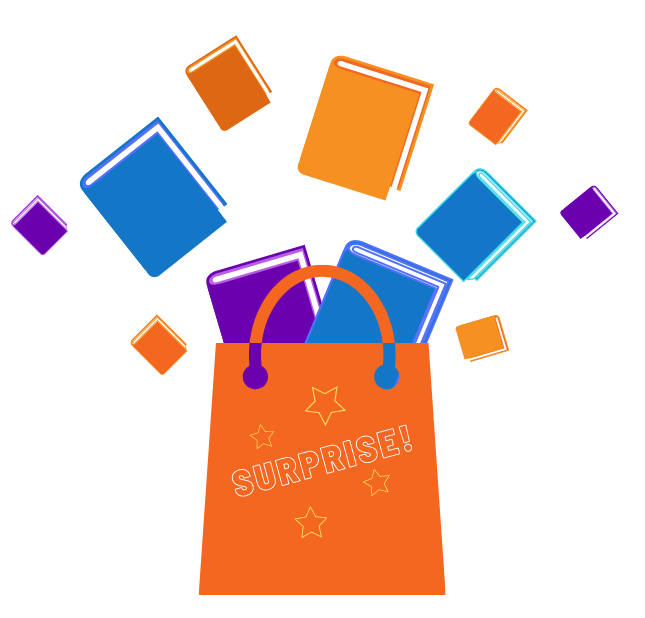 bag labeled Surprise! With books coming out the top