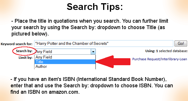 The search tips from step 4 illustrated. The Search By drop down is directly below the keyword search