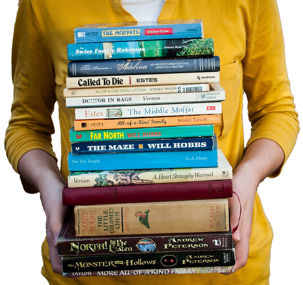 person carrying a stack of books