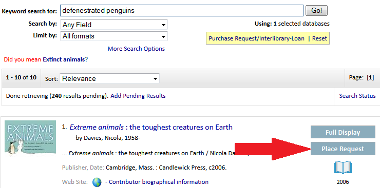 The Place Request button is located at the right of the item entry, below the full display button