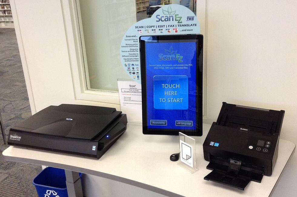 Flatbed scanner with a vertical touch screen that says touch here to start