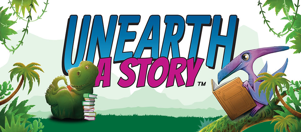 A t-rex reading with a stack of books nearby, and a pterodactyl reading. Text reads Unearth a Story