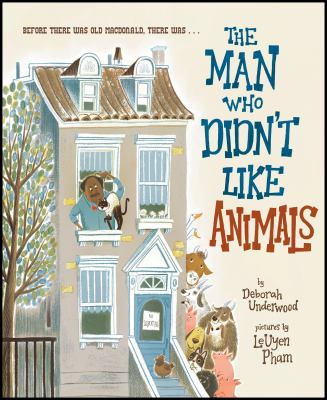 The book cover shows an annoyed man looking out his window with a cat on the window sill. Many other animals peek around the corner of his house.