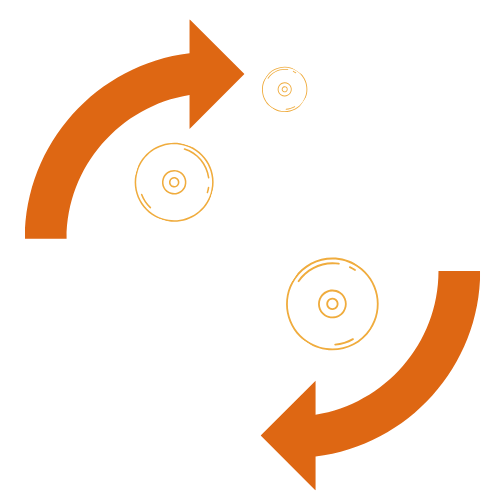 books and dvds surrounded by curved arrows showing a cycle