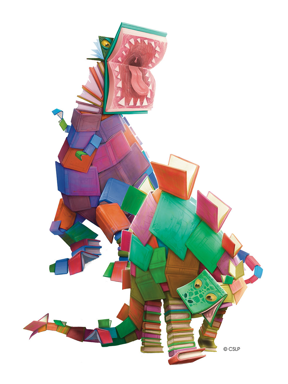 A t-rex and a stegosaurus made of books