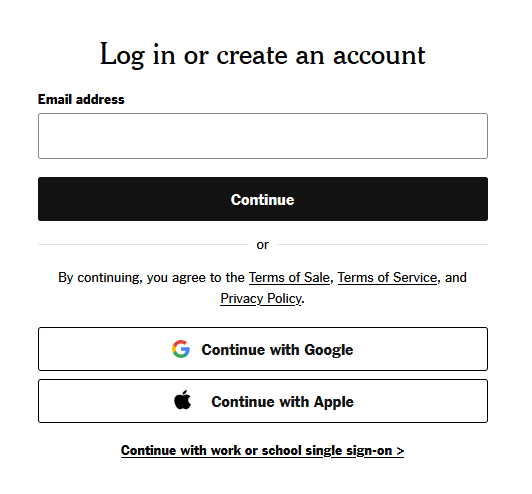 the log in screen
