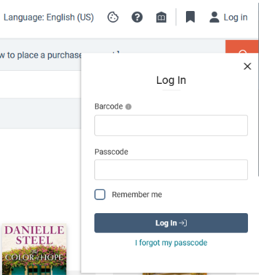 The log in screen on the catalog. The forgot link is at the bottom below the log in button