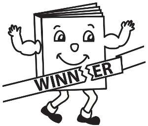 A smiling book with arms and legs crossing a finish line that reads Winner