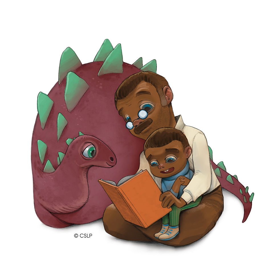 An adult reading with a child on his lap while a stegosaurus looks over their shoulder