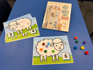 The template has a sheep with lots of room for drawing in the wool. Each one has a number in the corner so you can place 6 pom poms or three balls etc on the sheep