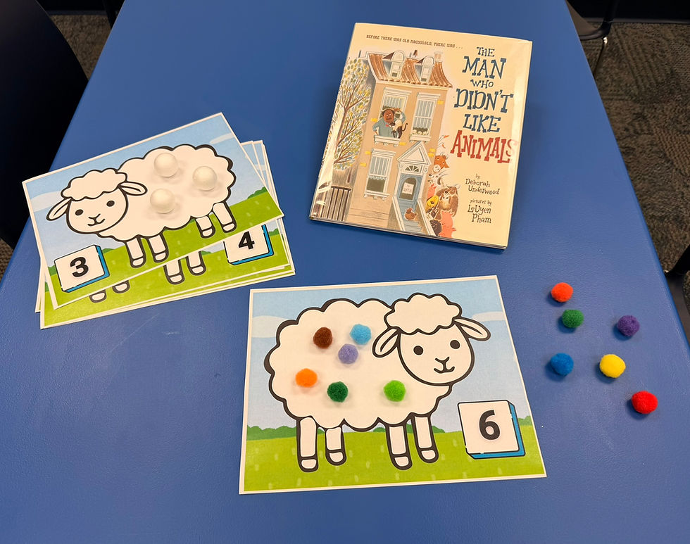 The template has a sheep with lots of room for drawing in the wool. Each one has a number in the corner so you can place 6 pom poms or three balls etc on the sheep