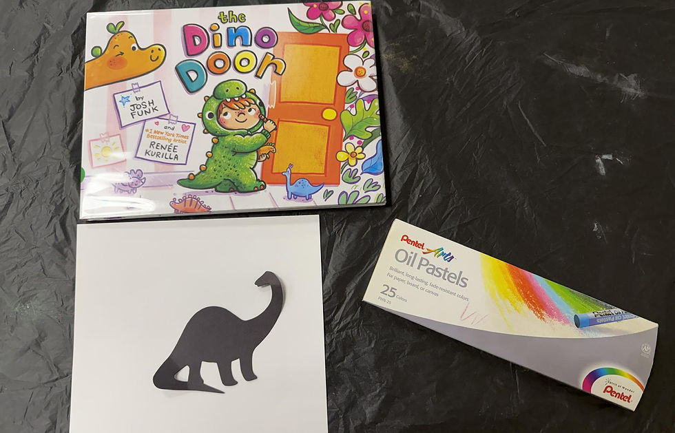 The book cover shows a child in a dinosaur costume holding a crayon and approaching a door, while dinosaurs and flowers peek in from the edges. The book is pictured with a paper dino silhouette, a box of oil pastels, and a plain sheet of paper