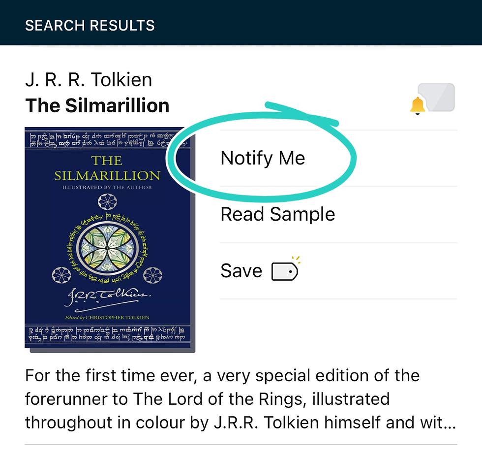 Screen shot highlighting where to find the Notify Me link in the Libby app