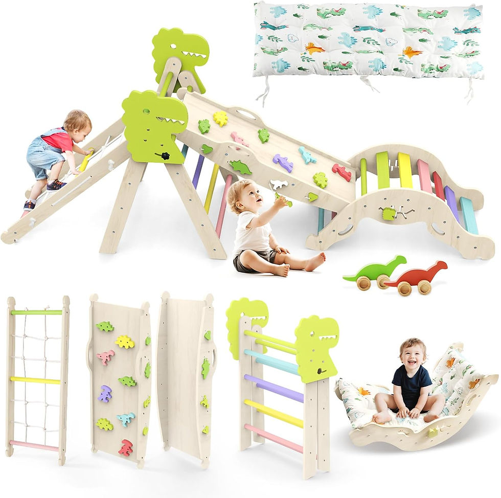 A set of toddler toys including a climbing net, a colorful ladder, a padded rocking chair, and a rock wall that can all be configured in different ways