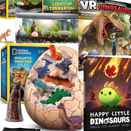 Pack includes a National Geographic Dino Egg Dig Kit, Professor Maxwell's VR Dinosaurs, Happy Little Dinosaurs by Unstable Games, and Light Up Terrarium Dinosaur Habitat