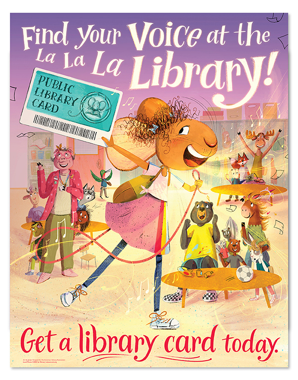 An illustrated mouse singing into a mic and holding up a library card. Text reads Find Your Voice at the la la la library. get a library card today