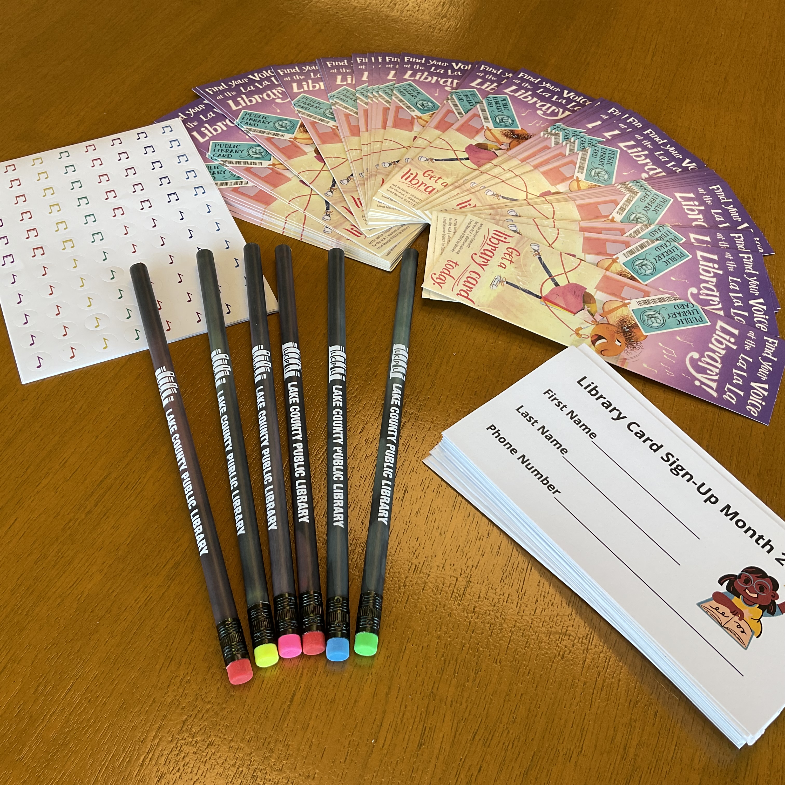 bookmarks, stickers, pencils, and raffle tickets