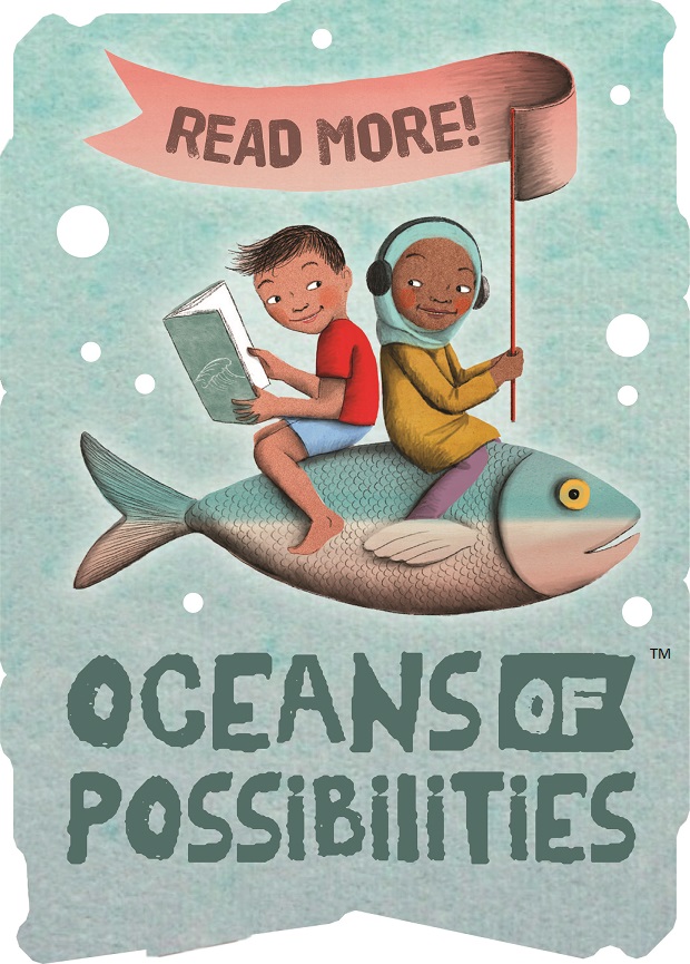 Two children riding a fish. Oceans of Possibilities. Read More.