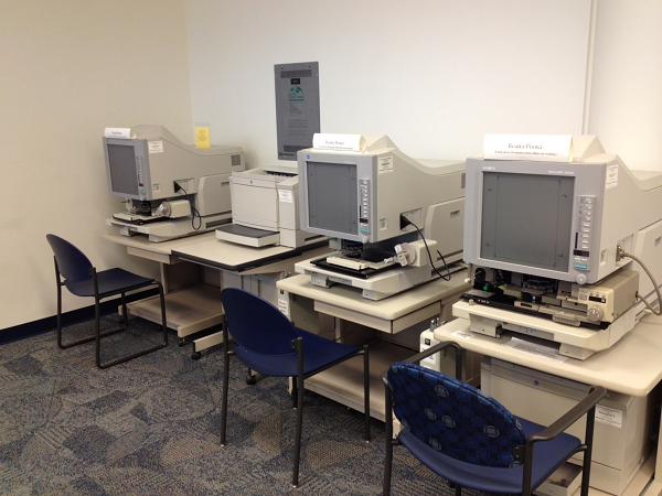 Microfilm readers in the genealogy room