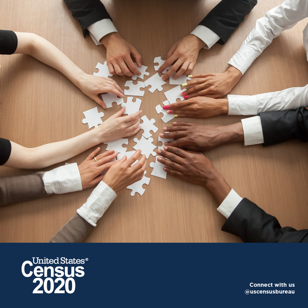Five pairs of hands piecing together a puzzle. Census 2020 logo in the corner