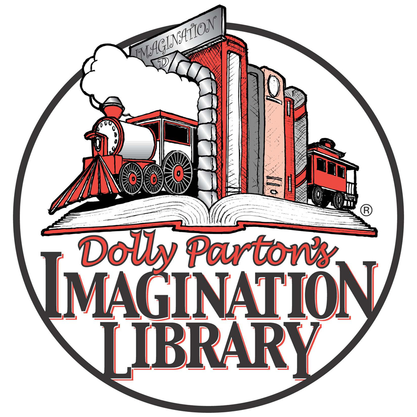 Dolly Parton's Imagination Library Logo: an open book with a train emerfing from a tunnel of books