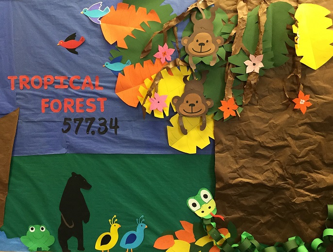 Photo of a bulletin board decorated with tropical forest trees and animal cut outs