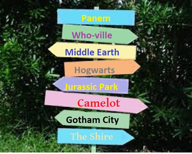 A waypointing sign showing destinations like Camelot, Who-ville, Panem, The Shire