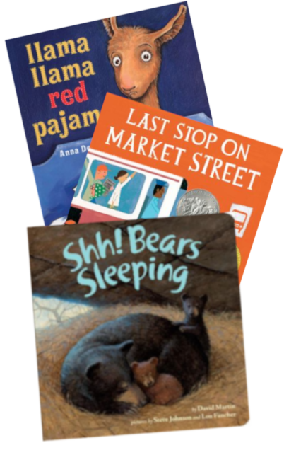The books Llama Llama Red Pajama, Last Stop on Market Street, and Shh Bears Sleeping