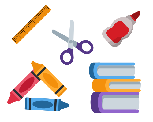 kids activities: ruler, scissors, glue, books, crayons