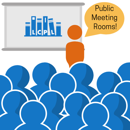 Icons of people watching a presentation. The speech bubble says Public Meeting Rooms