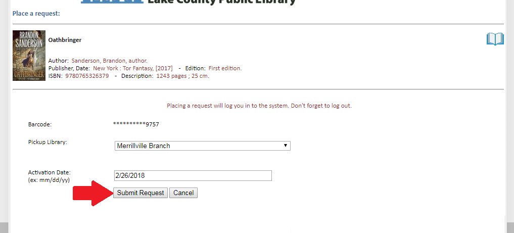 Set your preferred pick up branch using the drop-down menu and click submit request