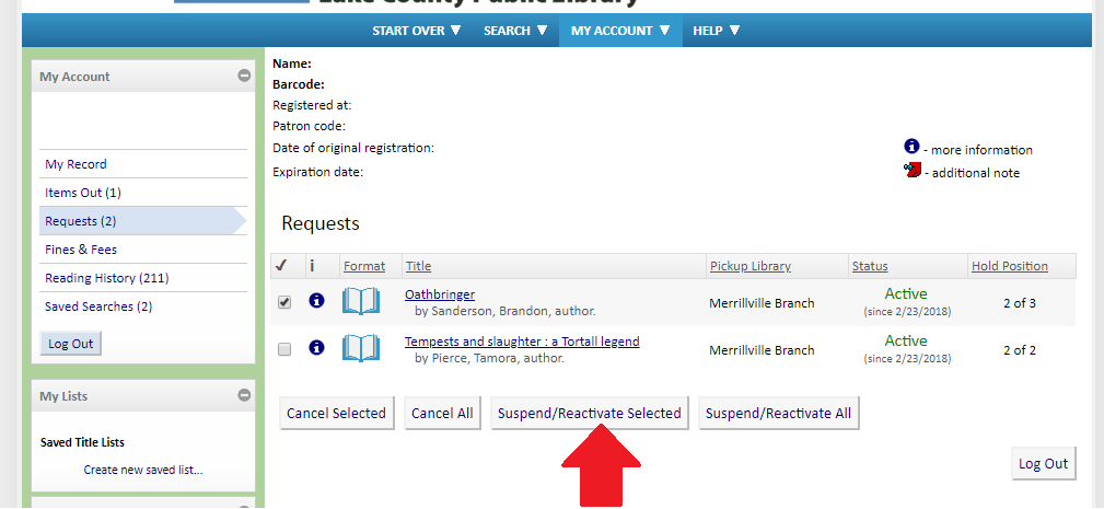 check the box next to the item you wish to suspend, then click suspend/reactivate hold